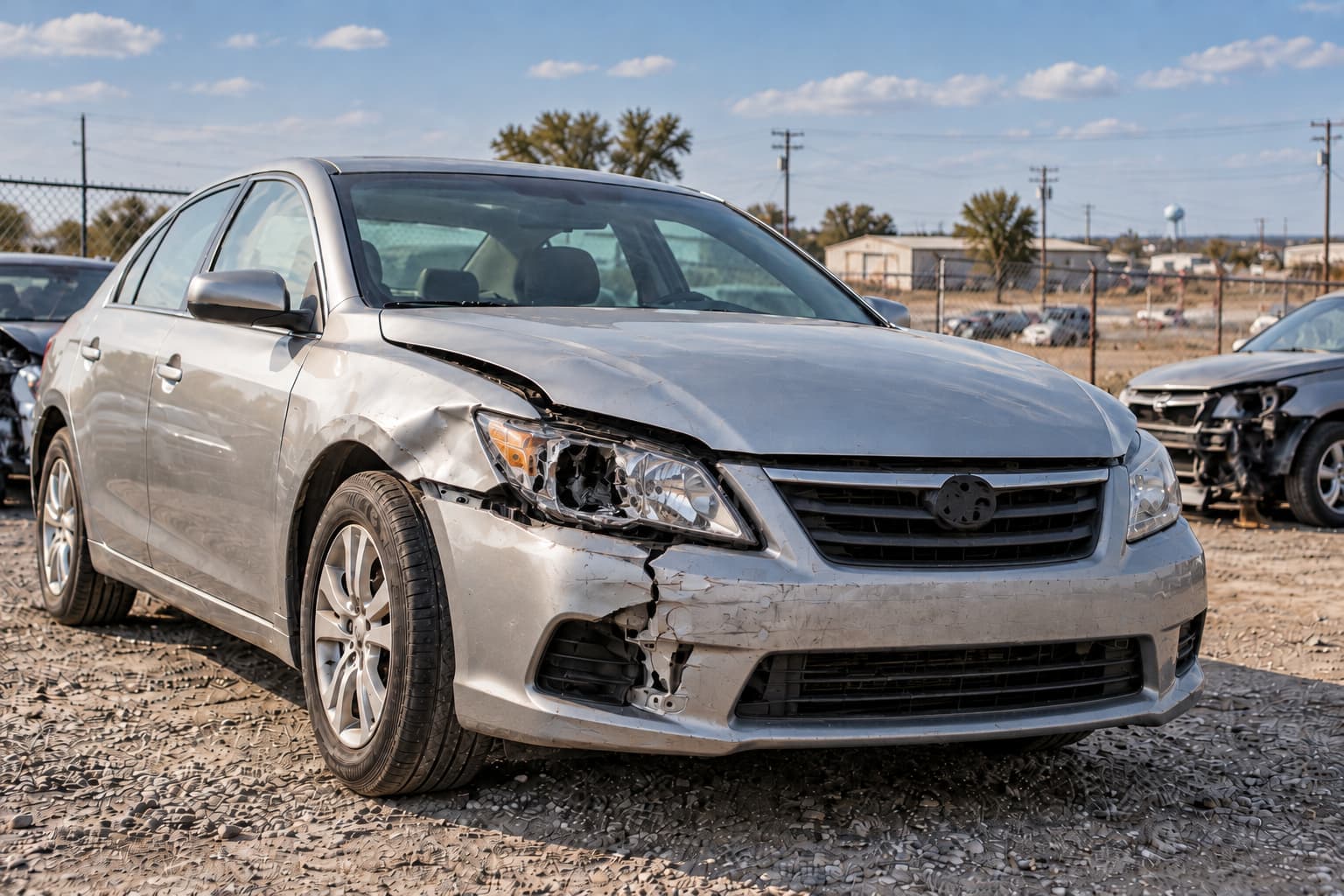 Silver sedan with front-end damage parked in an Oklahoma salvage yard.