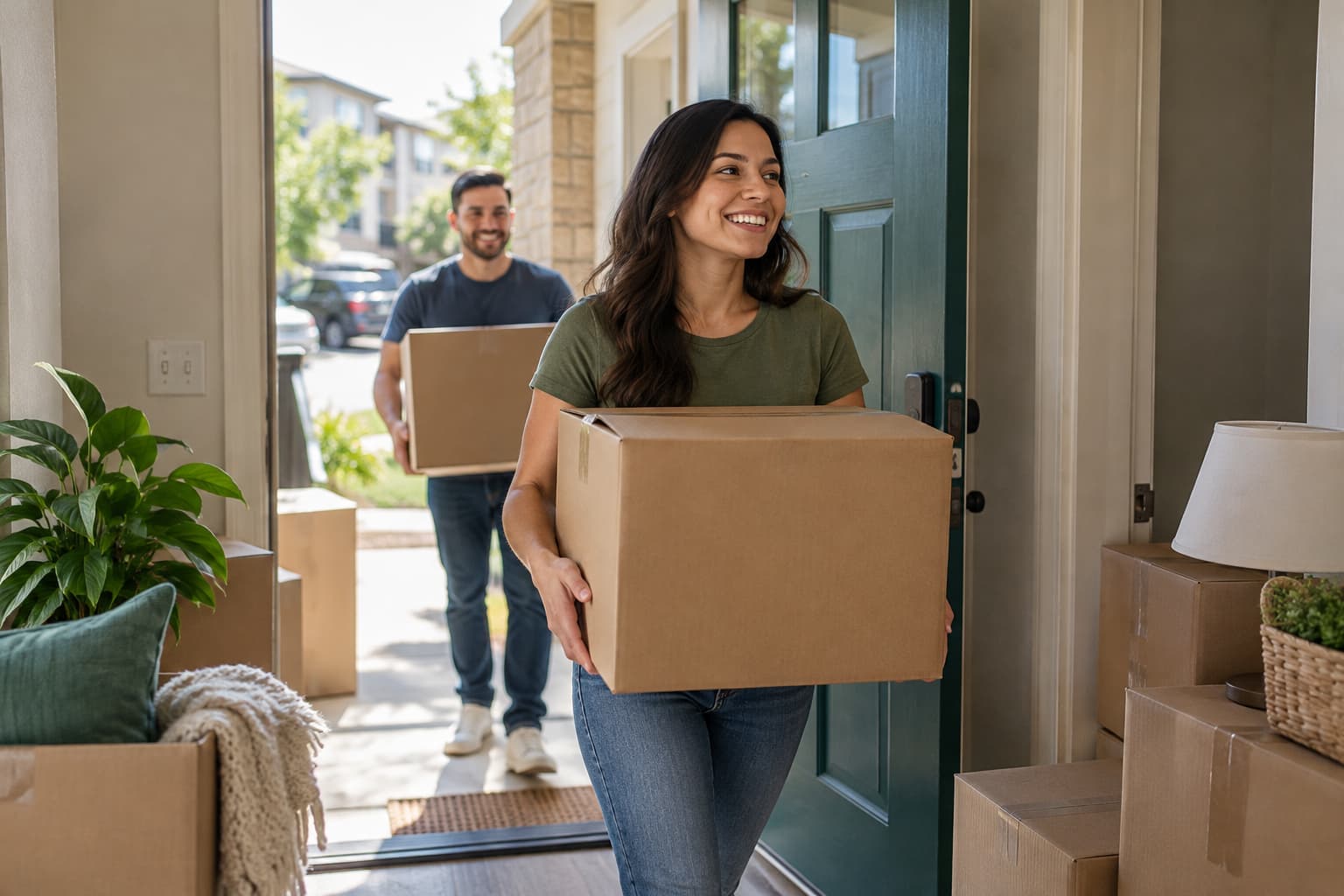 Couple carrying moving boxes into a new apartment in Oklahoma.