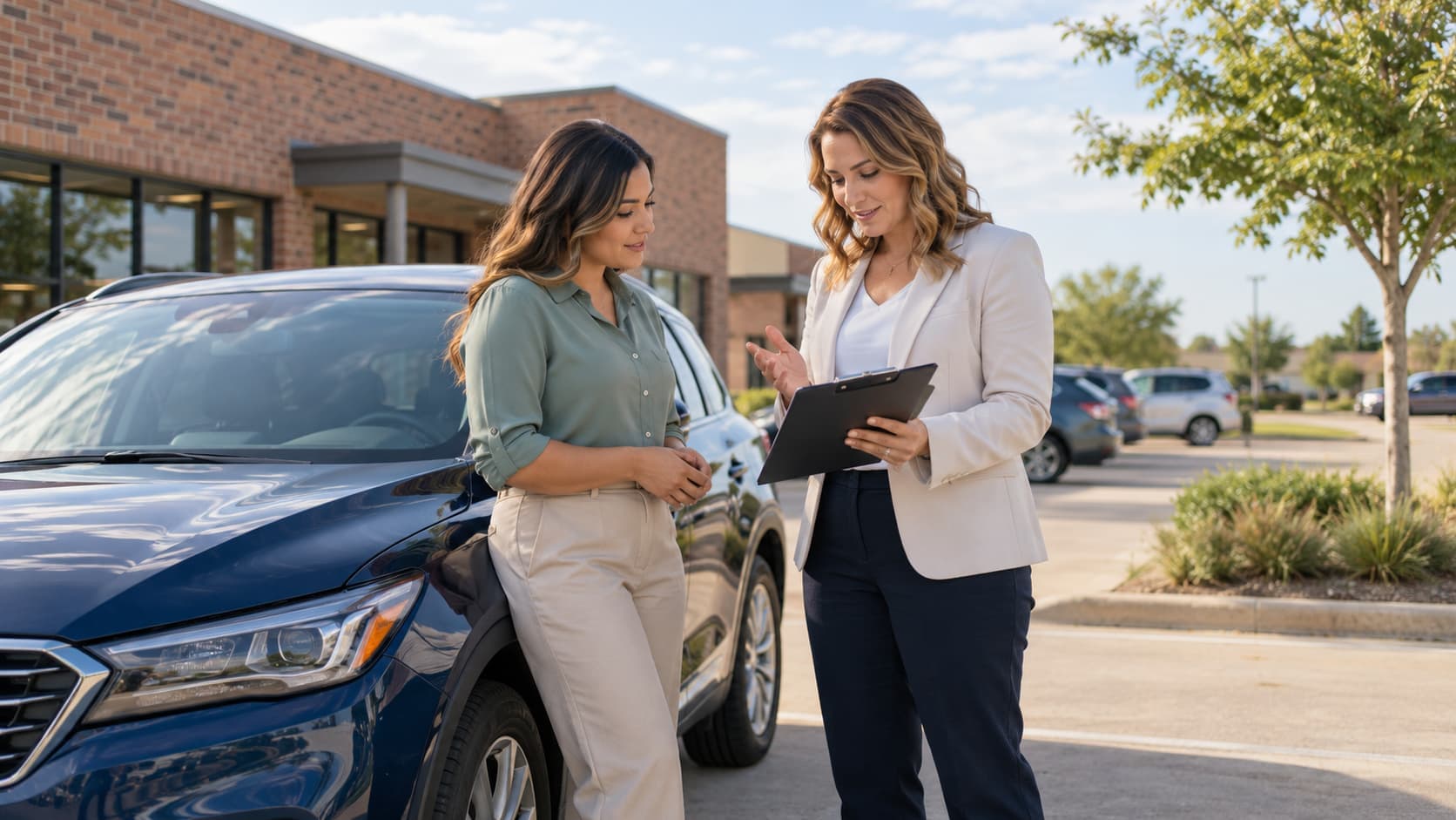 Vehicle owner discussing car insurance documents with an insurance agent beside a parked blue SUV.