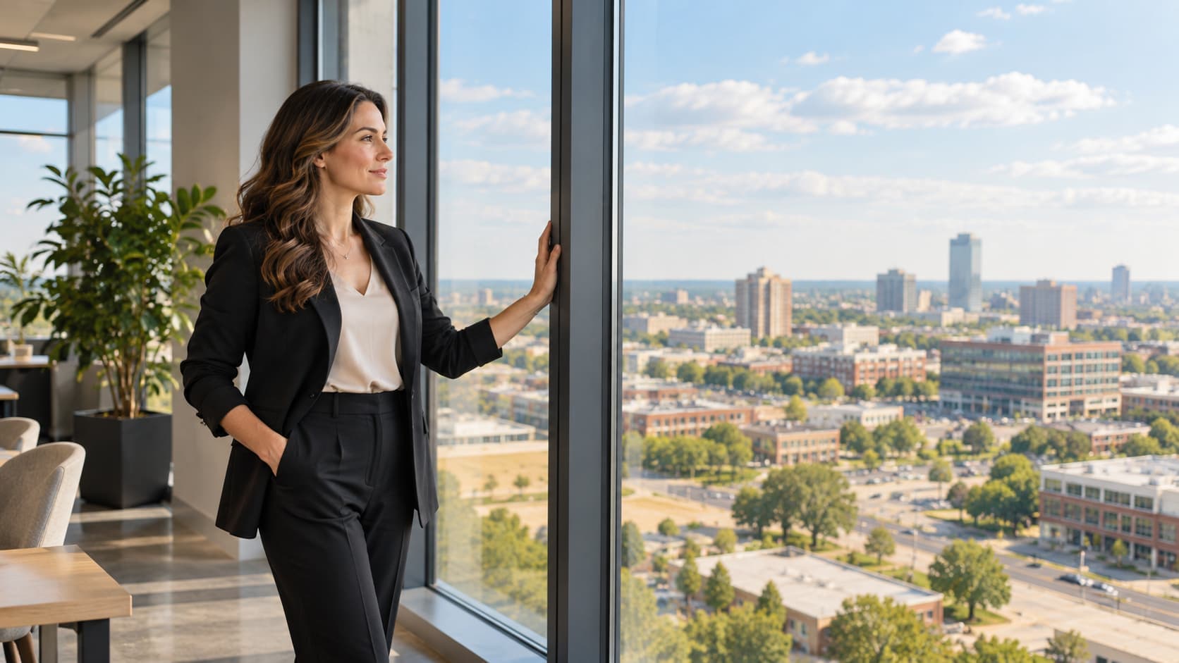 Confident businesswoman looking out over an Oklahoma cityscape from a modern office, reflecting calm leadership and a positive mindset under pressure.