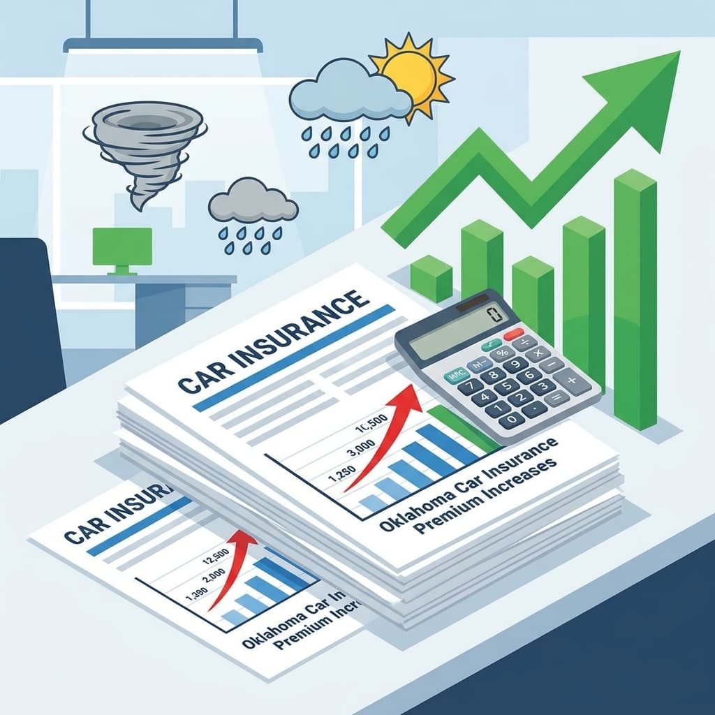 Rising Oklahoma car insurance costs illustration with premium charts and weather-related insurance factors