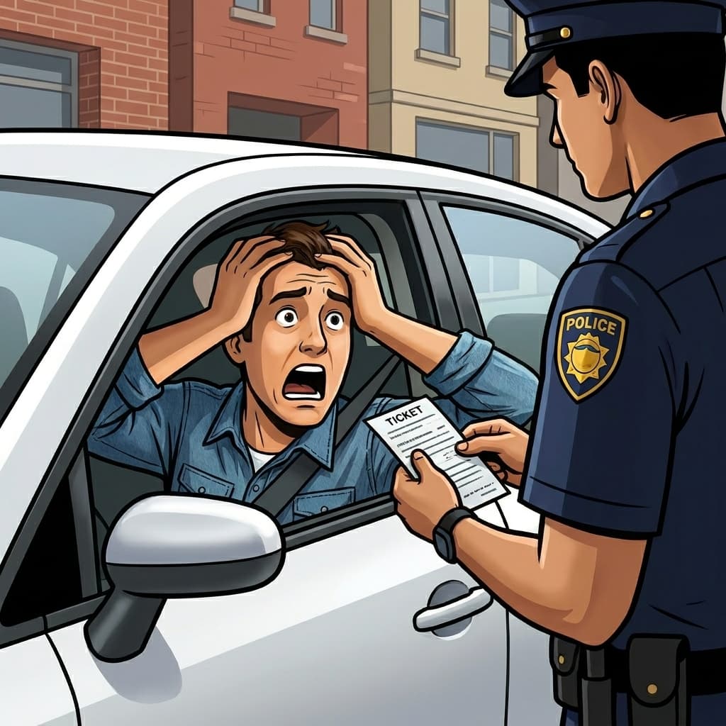 cartoon driver receiving a traffic ticket representing high insurance rates after license suspension in Tulsa