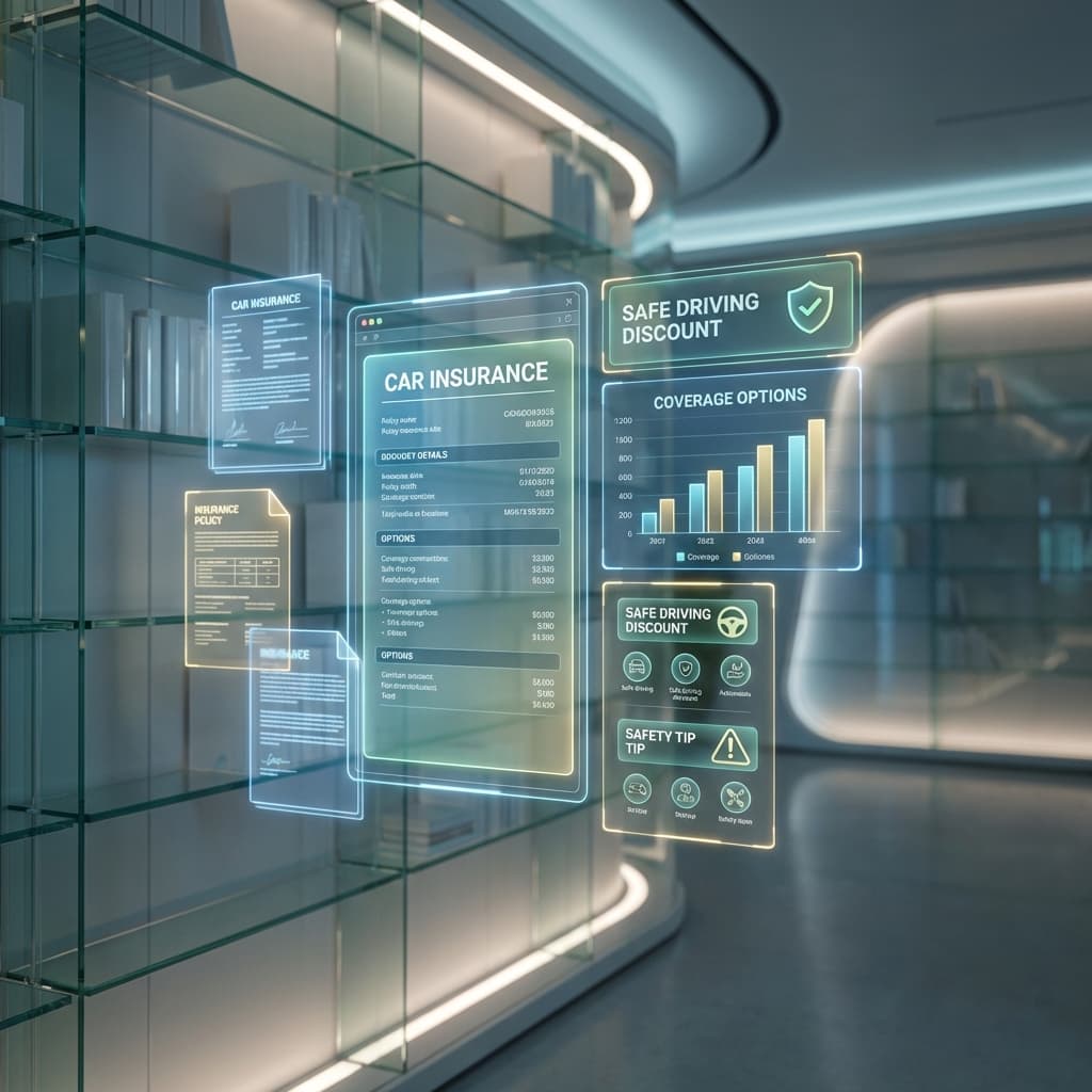 Illustration of a digital hub with floating car insurance documents, charts, and icons representing coverage, discounts, and safety tips. 