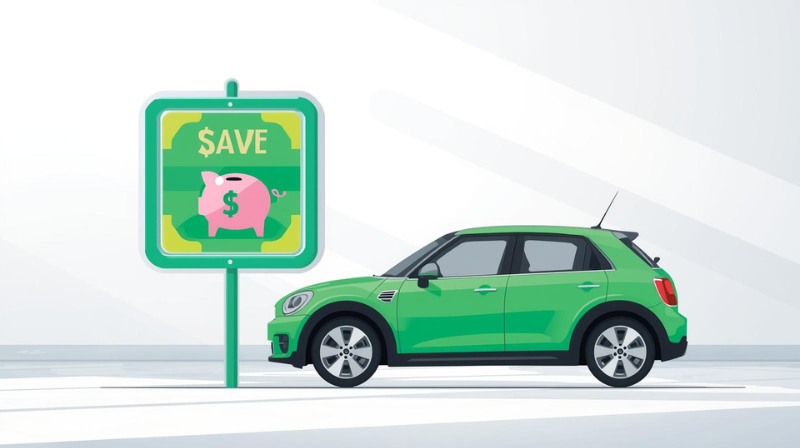 green car with save money car sign