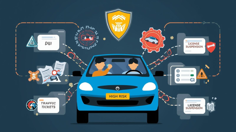 High risk driver dashboard illustration with DUI, accident, and license suspension icons representing auto insurance quotes no drivers license