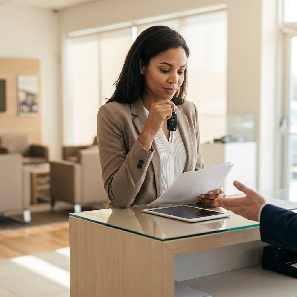 Person reviewing rental car insurance coverage and auto policy details before renting