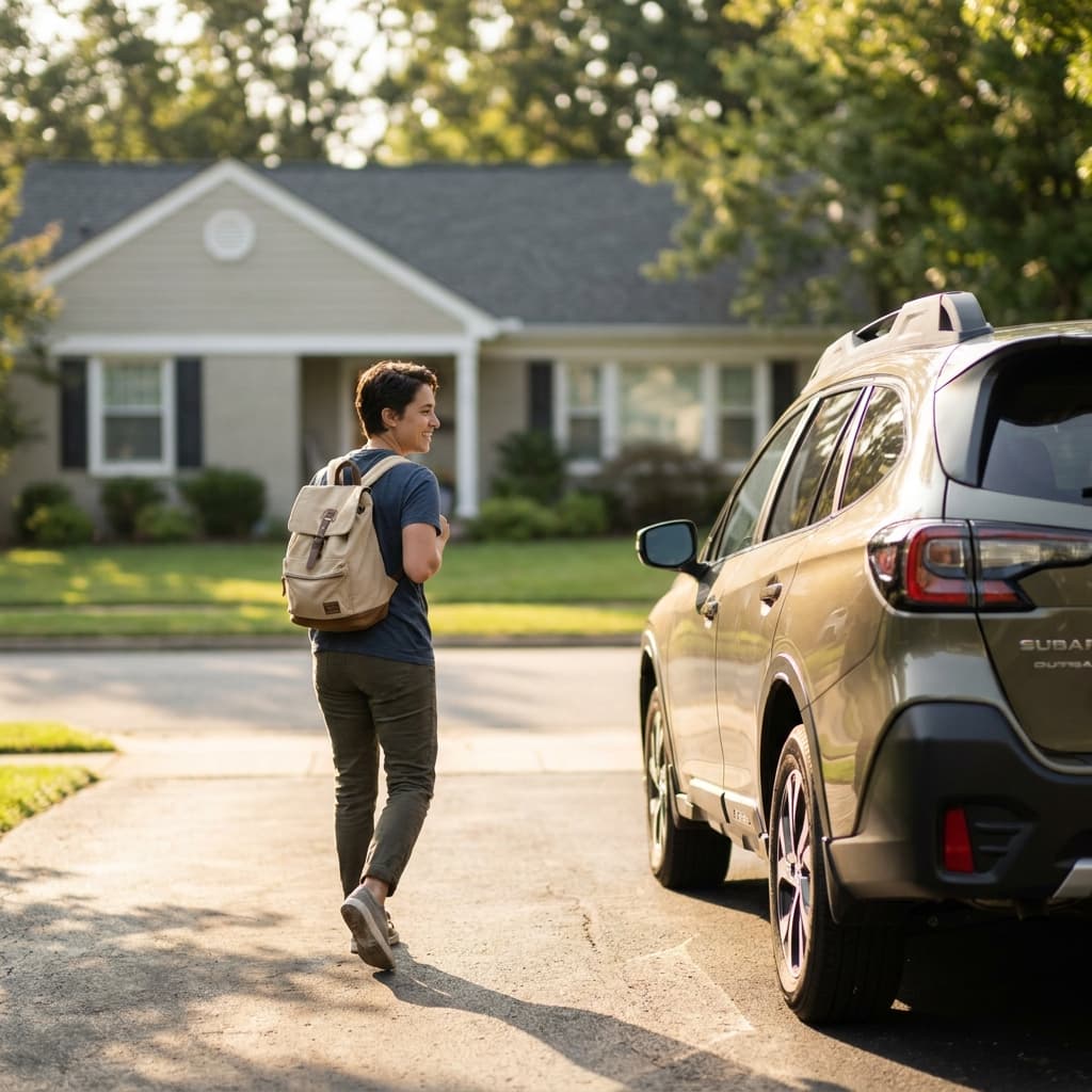 Person walking toward a borrowed vehicle beside an empty driveway, representing non-owner driver insurance for occasional drivers.